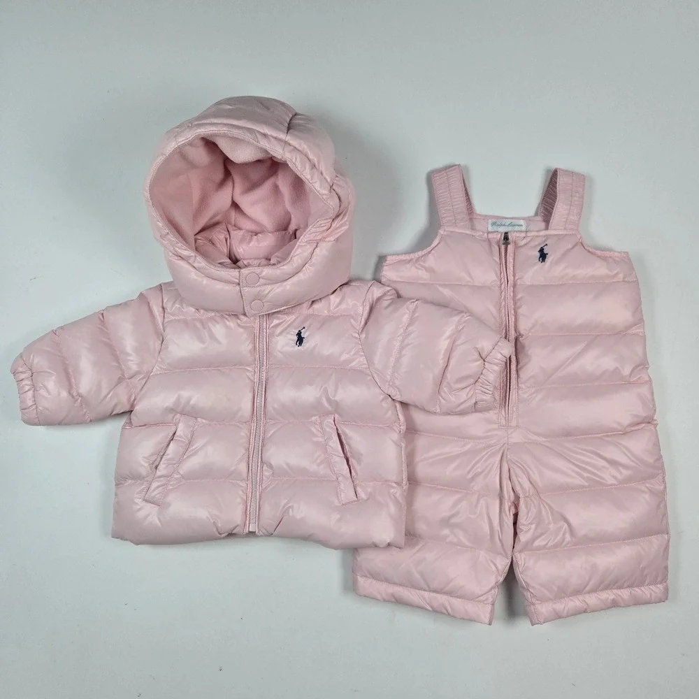 Ralph Lauren Snowsuit Set Girl NB Pink Puffer Jacket Bib Overalls Winter Bunting
